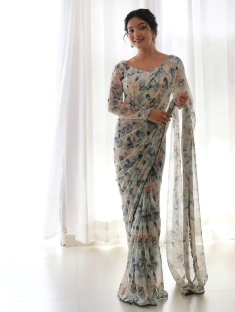 READY TO WEAR PREDRAPPED REAY TO WEAR SAREE WITH FULL STTICHED BLOUSE LIGHTWEIGHT CHIFFON FABRIC*